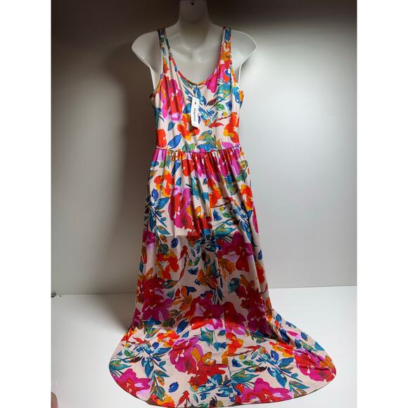 Y2K Halter Midi Dress Sz M Floral Orange Pink Teal Side Slits New Tropical Beach - Picture 3 of 9